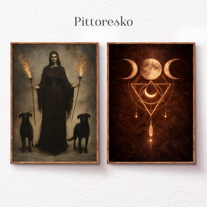 Peut inclure: Deux impressions d'art encadrées. L'impression de gauche représente une femme en robe sombre tenant des torches, flanquée de deux chiens noirs. L'impression de droite affiche un design céleste avec des lunes et des formes géométriques. Le mot "Pittoresko" est en haut.