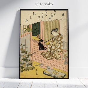 Stampa Giapponese Donna Seduta con Gatto in Giardino, Stampa Colori Neutri Giapponese, Xilografia Giapponese Ukiyoe, DOWNLOAD