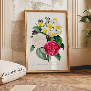 Camellia Narcissus Pansy Bouquet Pierre-Joseph Redouté Digital Print, Printable Botanical Wall Art, Vintage Floral Poster Housewarming Gift