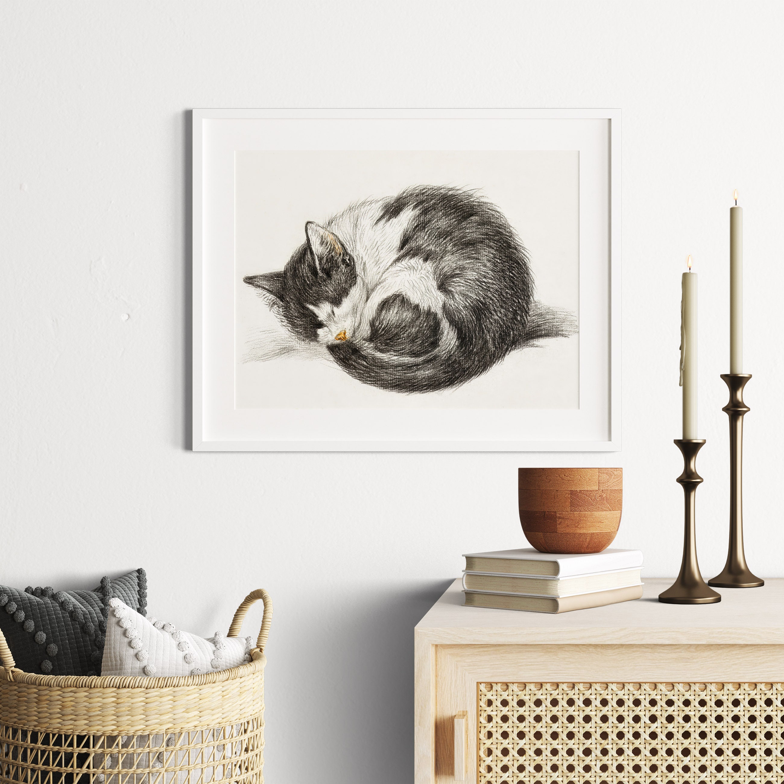 Black and White Drawing of a Sleeping Cat, Vintage Curled up Cat Wall ...
