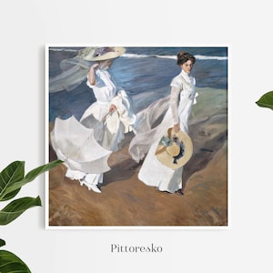 Joaquin Sorolla Women Walking on a Mediterranean Beach Digital Print, Spanish Wall Art, Square Format