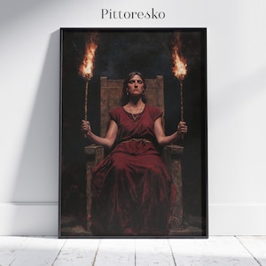 Hecate Greek Goddess of Magic Sitting on a Throne with Torches Digital Wall Art, Hecate Priestess of Witchcraft Printable Poster, Pagan Gift
