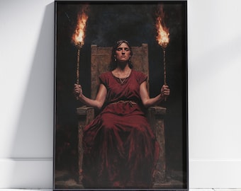 May include: A woman in a red dress sits on a wooden throne, holding a torch in each hand. The torches are lit and casting a warm glow on the scene. The woman has a serious expression on her face and her hair is pulled back from her face.