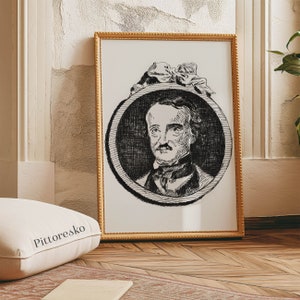 Può includere: Un'illustrazione in bianco e nero incorniciata di Edgar Allan Poe, un famoso scrittore, poeta, editore e critico letterario americano. L'illustrazione è in una cornice dorata e presenta un fiocco decorativo in alto.