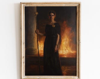 May include: A painting of a woman in a black dress holding a staff, standing in front of a fire. The woman has long dark hair and is wearing a gold necklace. The fire is in the background and is casting a warm glow on the woman.