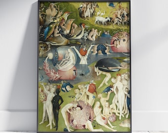Pode incluir: Uma pintura colorida que retrata uma cena fantástica com muitas figuras, animais e plantas. A pintura está cheia de cores vibrantes e detalhes intrincados, incluindo um grande objeto redondo no centro.