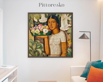Mexican Digital Wall Art Native Woman with Flowers, Alfredo Ramos Martínez Painting, Vintage Floral Poster, Latin American Boho Gift
