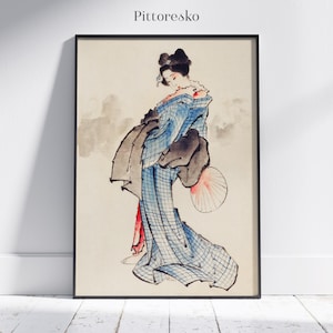 Hokusai Woman Portrait with Kimono and Fan, Vintage Japanese Digital Wall Art of a Geisha, Traditional Japan Art Print, Japan Lovers Gift