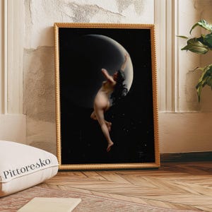 Beautiful Woman Embracing Moon Digital Print by Luis Ricardo Falero, Moon Goddess Printable Wall Art, Divine Feminine Figure Night Portrait