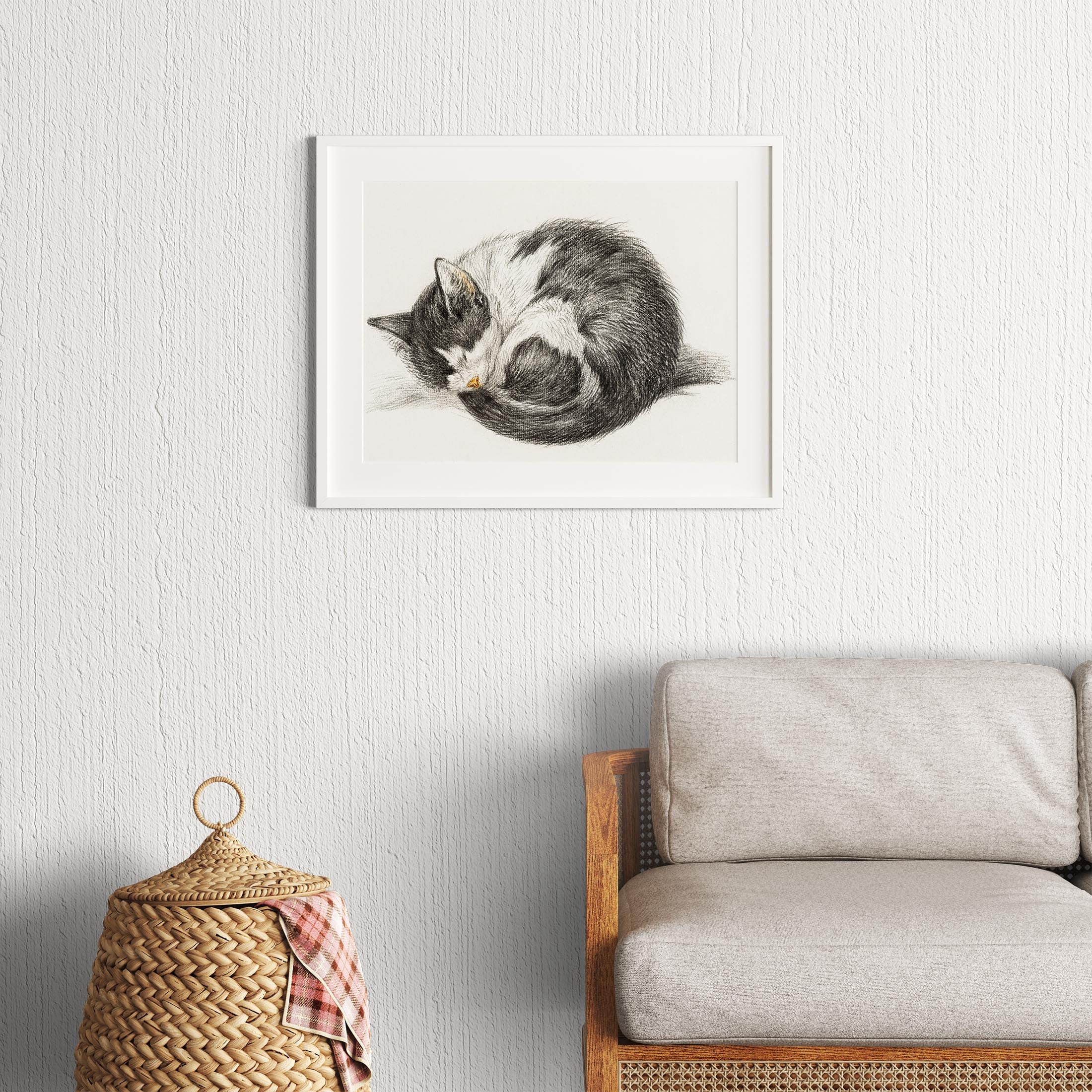 Black and White Drawing of a Sleeping Cat, Vintage Curled up Cat Wall ...