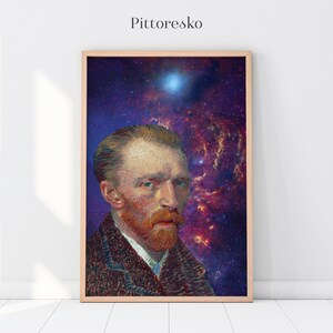 Può includere: Una stampa d'arte digitale che presenta un ritratto di Vincent van Gogh con uno sfondo di galassia vorticosa. I colori sono vivaci e includono sfumature di blu, viola, rosso e arancione.