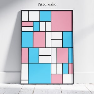 Puede incluir: Impresión de arte geométrico abstracto con un marco negro. La impresión presenta una cuadrícula de cuadrados en rosa, azul y blanco.