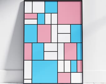 May include: Abstract geometric art print with a black frame. The print features a grid of squares in pink, blue, and white.