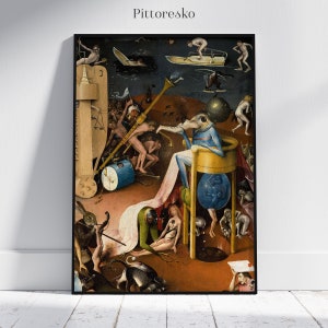 May include: A detailed painting of a fantastical scene with many figures and creatures. The scene is set in a dark, chaotic world with a large, blue-skinned figure in the center. The figure is sitting on a yellow chair and playing a long, yellow instrument. The painting is full of symbolism and detail, and it is a classic example of the artist's work.