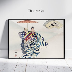 Vintage Japanese Digital Wall Art by Kogyo Tsukioka, Minimalist Painting from Noh Play Suehirogari, Traditional Asian Print, Japandi Gift