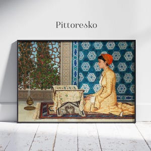 Islamic Wall Art Woman Reading Koran in a Mosque by Osman Hamdi Bey, Turkish Painting Ottoman Home Decor, Muslim Art Print, Arabic Aesthetic