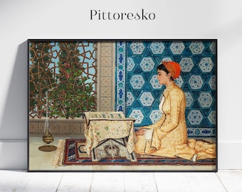 Islamic Wall Art Woman Reading Koran in a Mosque by Osman Hamdi Bey, Turkish Painting Ottoman Home Decor, Muslim Art Print, Arabic Aesthetic