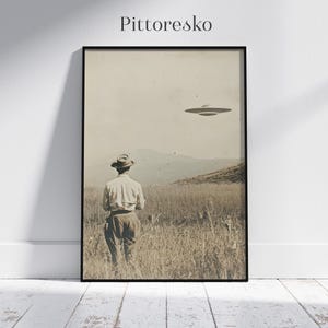 Digital Poster - Vintage UFO Landscape, Flying Saucer Photograph, Alien Spaceship Wall Art, Retro Sci-fi Decor, UAP Print Gift for Him