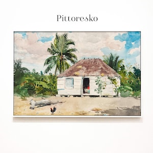 May include: Watercolor painting of a tropical scene featuring a white cottage with a thatched roof, palm trees, and a rooster. The sky is blue with fluffy clouds, and the artwork is framed with the word "Pittoresko" at the top.