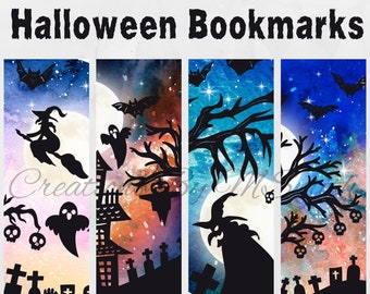 Halloween Lesezeichen: Gruselige Hexen-, Gespenst- und Fledermausdesigns (Digitaler Download)