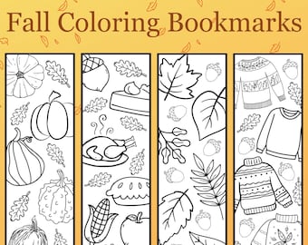 以下が含まれることがあります： 秋のテーマのイラストが描かれた、印刷可能なブックマーク4枚。ブックマークは白黒で、色を塗る準備ができています。イラストには、かぼちゃ、葉っぱ、七面鳥、パイ、セーターが含まれています。