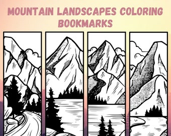 Könnte beinhalten: Vier Schwarzweißillustrationen von Berglandschaften mit Seen, Bäumen und Wolken. Die Illustrationen sind auf weißem Hintergrund und können ausgemalt werden. Der Titel "Mountain Landscapes Coloring Bookmarks" befindet sich oben im Bild.