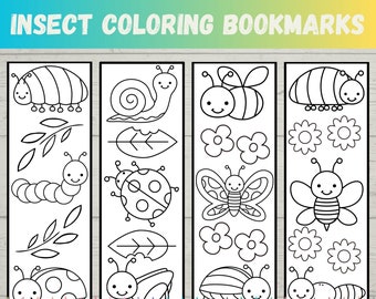 Bugs and Insects Coloring Bookmarks for Kids (PDF) , Classroom Nature Activity, Kids DIY Bookmarks, Kids Coloring Page, Bugs Party Favors