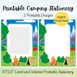 Conjunto de papelería para acampar, páginas del diario del campamento de verano, papel imprimible con temática de camping, forrado y sin forro, descarga instantánea