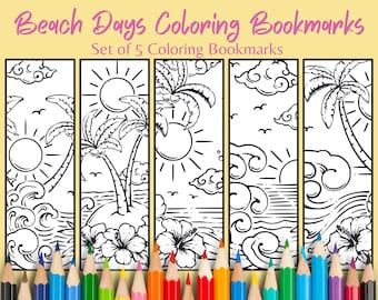Beach Days Coloring Bookmarks, Printable Bookmarks, Summer Fun Set of 5 (PDF)