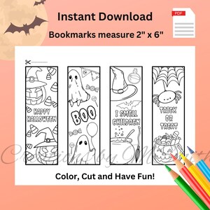 May include: Black and white Halloween-themed printable bookmarks. Each bookmark features a different design, including a jack-o'-lantern, ghost, witch's hat, and spider. Bookmarks measure 2" x 6". Text includes "Happy Halloween", "Boo", "I Smell Children", and "Trick or Treat".