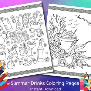 Printable Summer Coloring Pages, Summer Drinks, DIY Coloring Sheets, Beach Coloring Sheets for Adults, Summer Cocktails