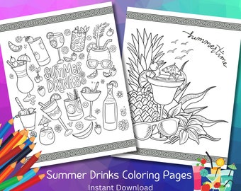 May include: Two black and white coloring pages featuring summer drinks. The first page has a variety of drinks, including cocktails, juices, and a bottle of wine. The second page features a margarita with a pineapple and sunglasses. Both pages have the text "Summer Drinks" and "Summertime" written on them.