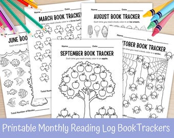 Monthly Reading Trackers for Kids, Yearlong Reading Log, Track and Color Reading Progress, Seasonal Book Tracker, Kids Book Logs