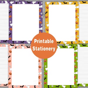 May include: Four sheets of printable Halloween stationery with lined paper. Each sheet has a different colored border: purple, yellow, pink, and green. The borders are decorated with jack-o'-lanterns, ghosts, and bats. The text "Printable Stationery" is in the center.