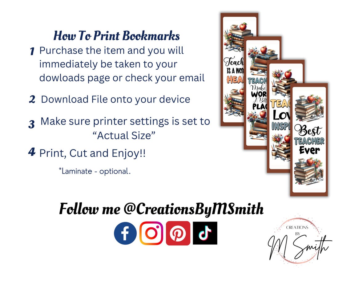 Teacher Appreciation Bookmarks: Set of 4 Printable Designs (PDF) - Etsy