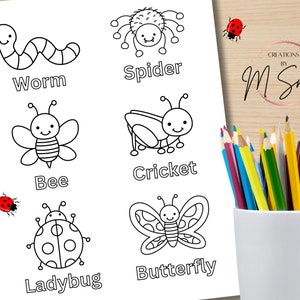 May include: Black and white colouring page featuring illustrations of a worm, spider, bee, cricket, ladybug, and butterfly. Each illustration is labelled with the name of the insect.