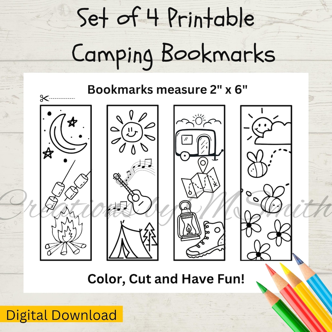 Camping Coloring Bookmarks, Printable Coloring Bookmarks, Camping ...