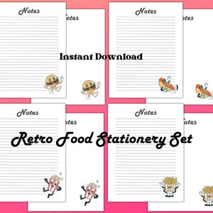 Printable Food Stationery, Vintage Food Stationery Set, Lined and Unlined Writing Paper, Retro themed Notepad Paper, Hamburger, French Fries