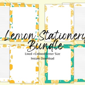 Lemon Themed Stationery Set, Printable Writing Paper, Lemon Border Lined Notepaper