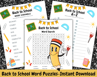 Back to School Word Puzzle Pack: Word Search, Scramble, A-Z Game (PDF)