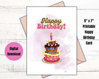 Printable Happy Birthday Card, Birthday Cake Card, Card Template PDF