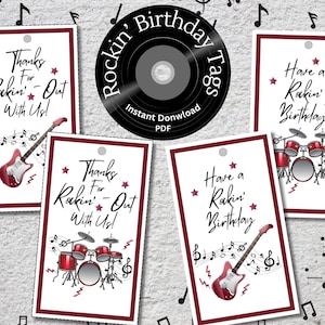 Etichette regalo di compleanno Rockin', Bomboniere per feste Rock and Roll, Stampabili per feste musicali, Chitarra elettrica, Batteria, Etichette per lezioni di musica