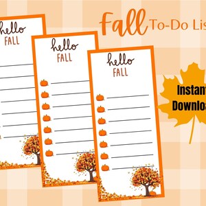 Könnte beinhalten: Drei weiße To-Do-Listen-Vorlagen mit orangefarbenen Rändern und Kürbis-Illustrationen. Jede Liste trägt die Worte "hello FALL" oben. Die unteren Ecken zeigen einen Baum mit Herbstlaub. Die Wörter "Fall To-Do Lists" und "Instant Download" sind ebenfalls sichtbar.