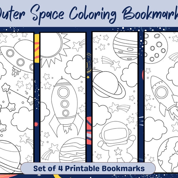 Printable Outer Space Kids Coloring Bookmarks, Coloring Bookmarks, Planets, Bookmarks, Solar System Crafts, Classroom Gifts, Reading Rewards