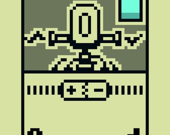 Può includere: Un'illustrazione pixelata di un robot su sfondo verde. Il robot ha un corpo nero con una testa bianca e un cerchio nero per un occhio. Il robot tiene un segno più e meno bianco e nero. Il testo "ALPHA KIWI" e "23/23" si trova nella parte inferiore dell'immagine.