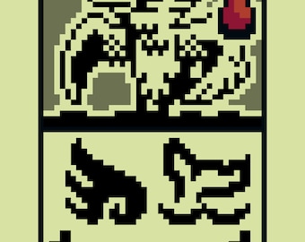 Könnte beinhalten: Eine Schwarzweiß-Pixel-Art-Illustration einer Kreatur mit einer roten Flamme auf dem Kopf. Die Kreatur ist von einem grünen Rahmen umgeben. Der Text "ALPHA KIWI" und "17/27" befindet sich am unteren Rand des Bildes.