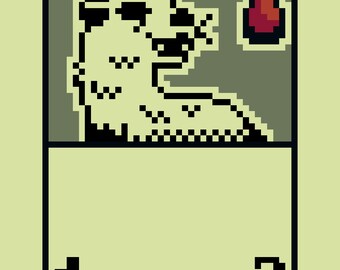Könnte beinhalten: Eine pixelartige Illustration einer weißen Kreatur mit schwarzen Augen und einer roten Flamme im Hintergrund. Das Bild befindet sich in einem grünen Rahmen mit den Zahlen "1" und "2" unten. Der Text "ALPHAKIIWI" und "23/27" ist ebenfalls sichtbar.
