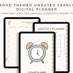May include: A digital planner with a boho theme, displayed on three tablets. The planner includes a weekly meal plan, a monthly planner, and an ultimate planner. The tablets are black with white screens, and a white stylus is visible.