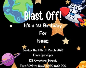 Blast Off! Space-Themed 1st Birthday Invitation – Editable Digital Download