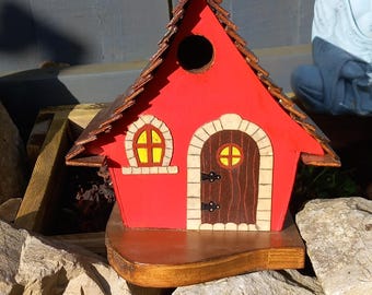 Birdhouse / Fairy Red Bird house, Handmade Garden Ornament and a functional birdhouse